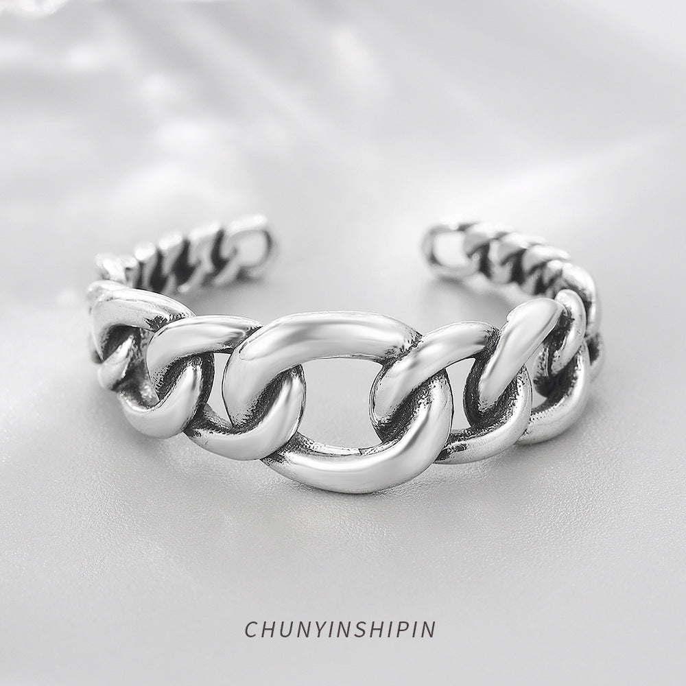 Personalized Retro Heavy Industry Chain Open Ring S925 Sterling Silver Korean Fashion Temperament Ring Index Finger Ring Jewelry Female