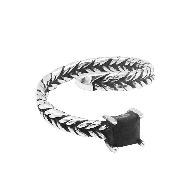Personality Retro Woven Square Diamond Open Ring S925 Sterling Silver Temperament Black Diamond Ring Female Index Finger Ring Jewelry