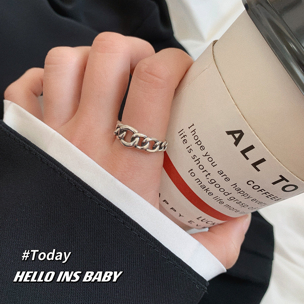 Personalized Retro Heavy Industry Chain Open Ring S925 Sterling Silver Korean Fashion Temperament Ring Index Finger Ring Jewelry Female