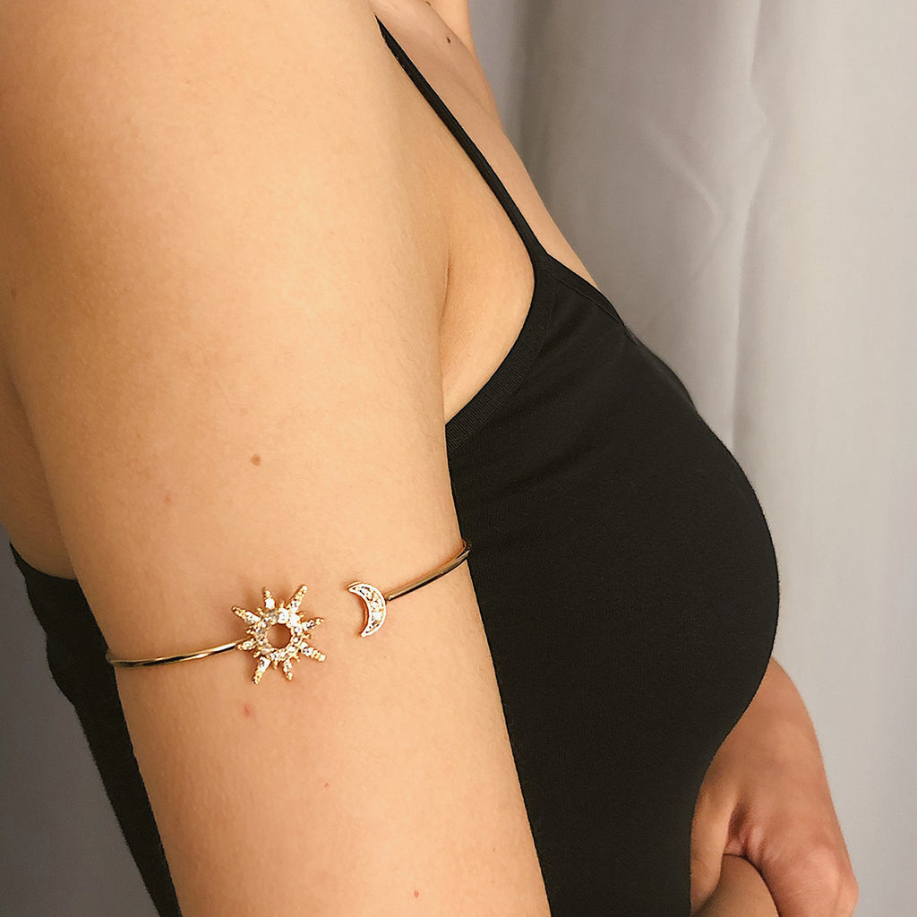 Jewelry Geometric Zircon Adjustable Bracelet For Women Simple Micro-Set Sun And Moon Arm Bracelet
