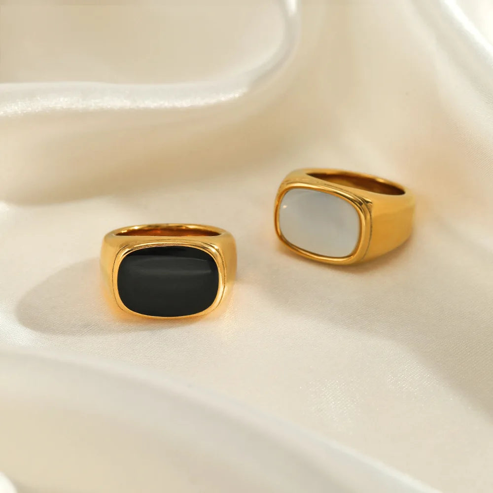 Square Vintage Shell Ladies Ring Stainless Steel White Gold Color Large Chunky Ring Party Jewelry Accessories Gift Dinner