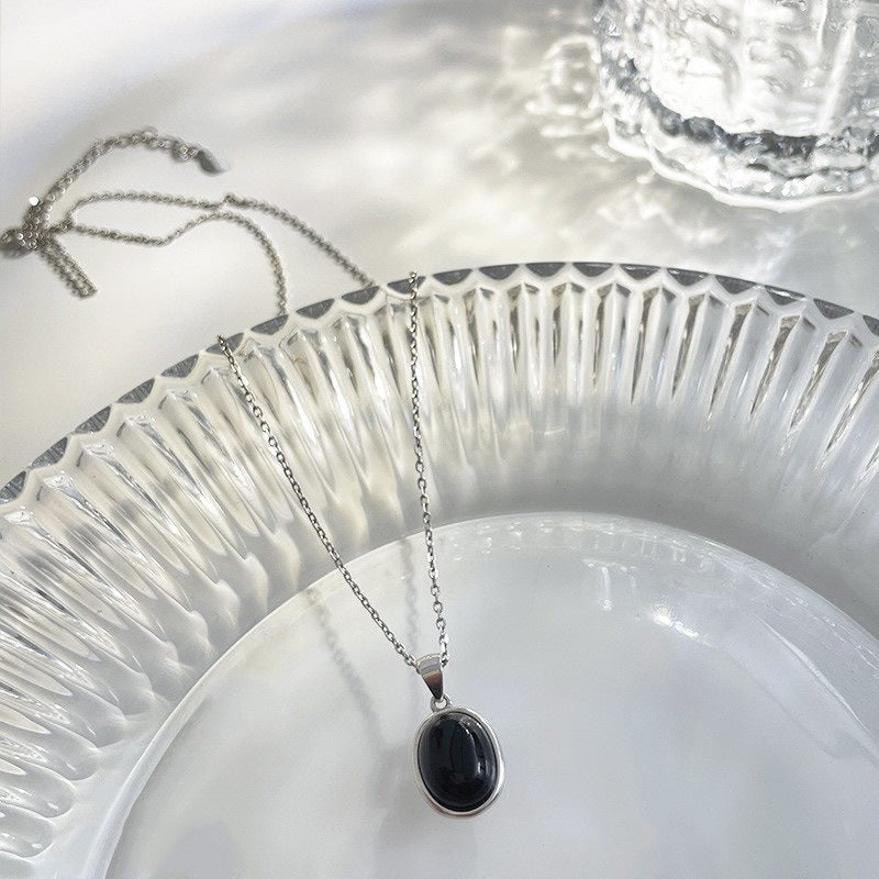 s925 Sterling Silver Black Onyx Pendant Necklace For Women's Summer Light Luxury Niche Clavicle High-Level Design Simple