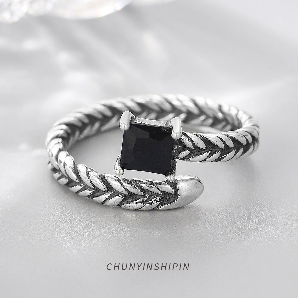Personality Retro Woven Square Diamond Open Ring S925 Sterling Silver Temperament Black Diamond Ring Female Index Finger Ring Jewelry