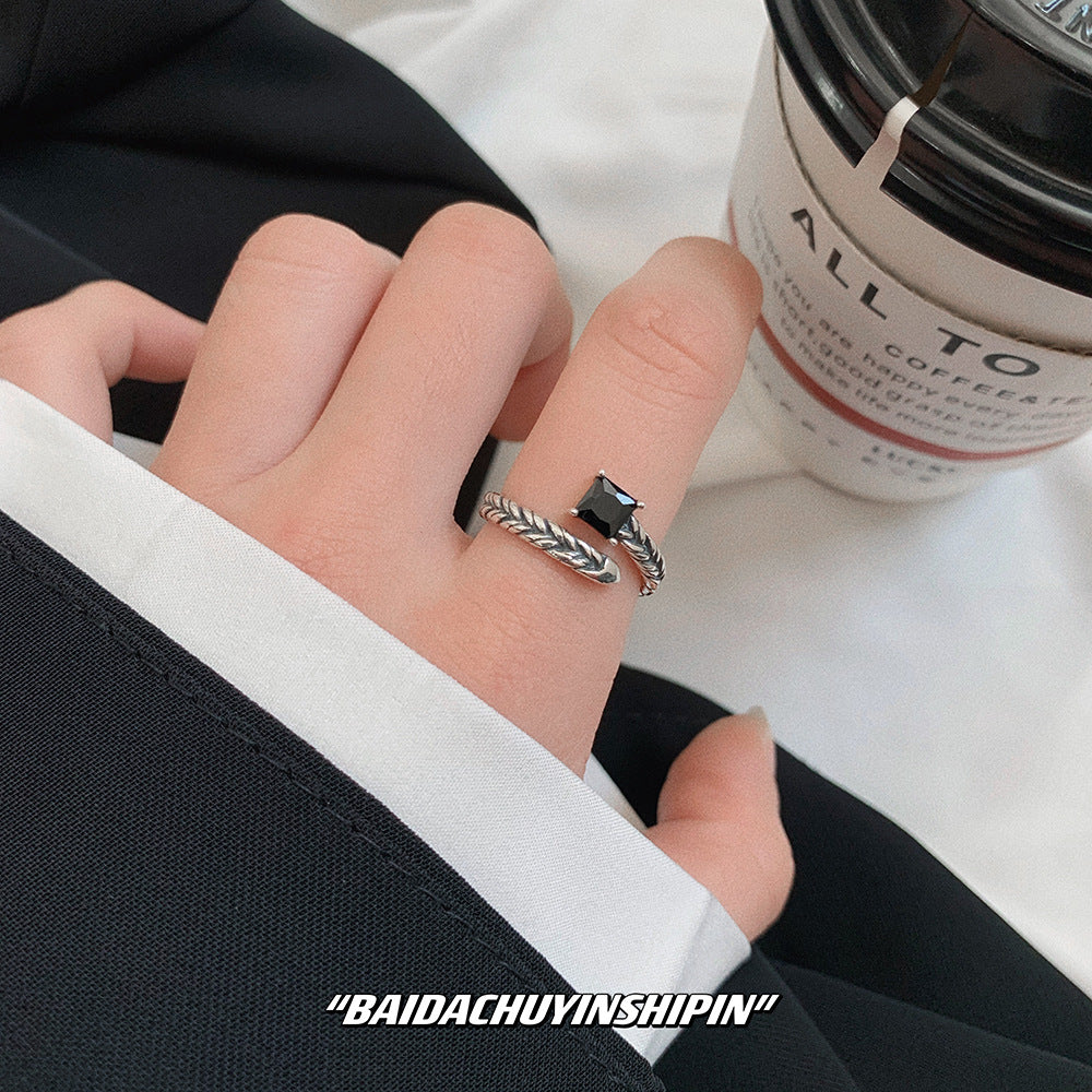 Personality Retro Woven Square Diamond Open Ring S925 Sterling Silver Temperament Black Diamond Ring Female Index Finger Ring Jewelry
