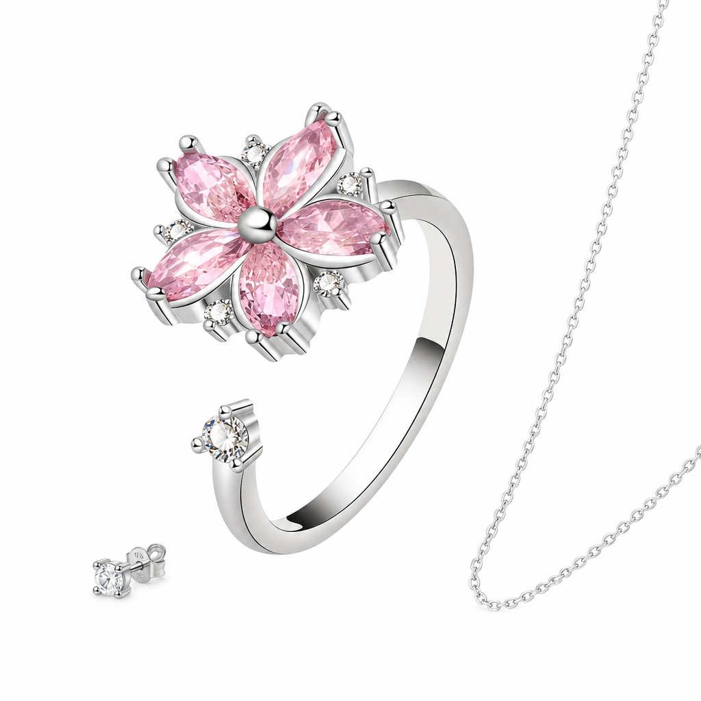 Anel floral combinado com joalharia prateada minimalista