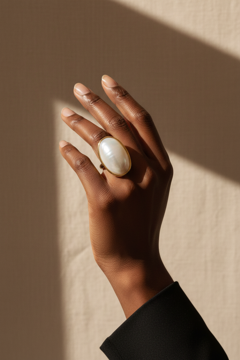 Anel — Modelo negra, unhas naturais curtas