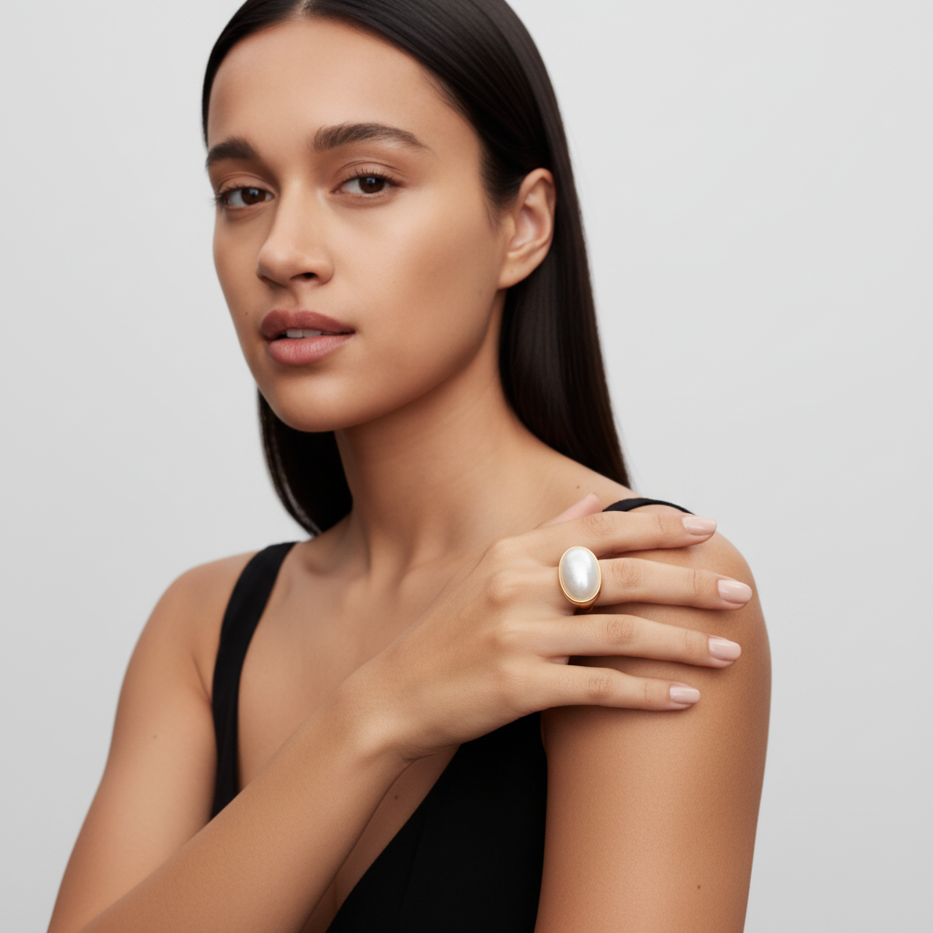 Anel Nacre Ovale — modelo pose ombro v2