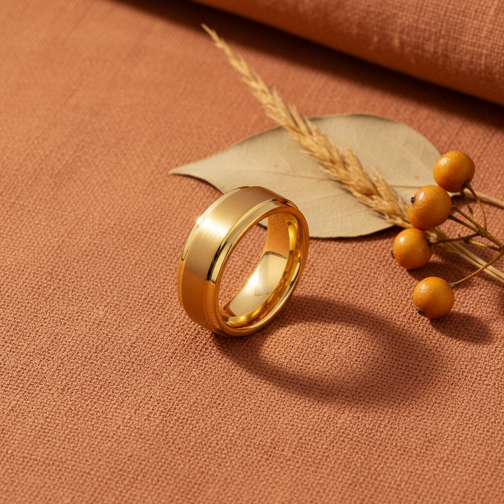 Anel Tungsténio Gold — flat lay