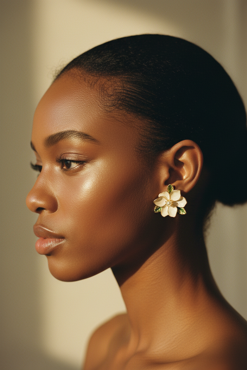 Brincos Flor Branco — Modelo Negra