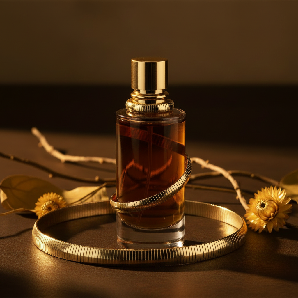 Choker Dourado — Frasco Âmbar Proporcional