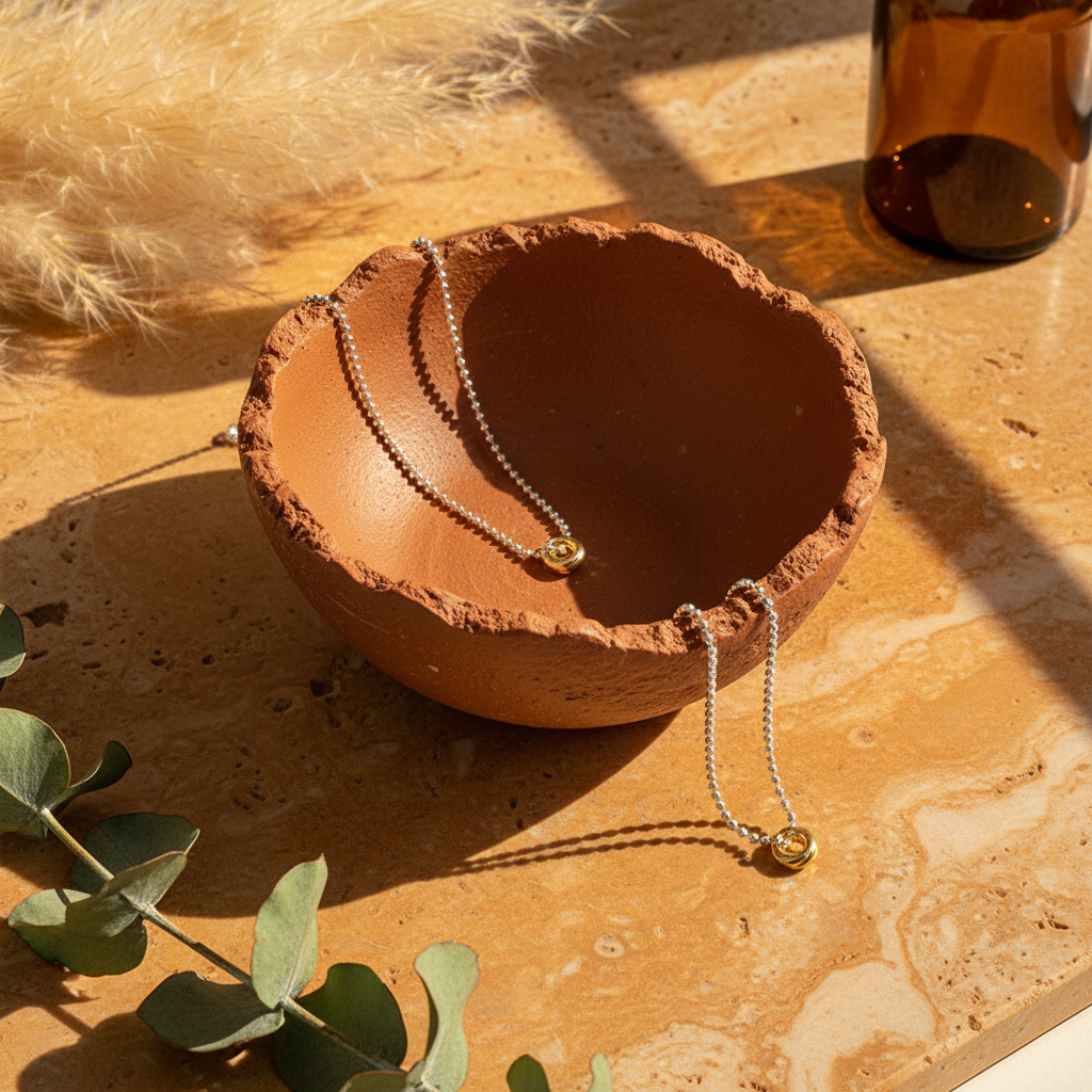 Colar Bolinhas Nó Dourado — Taça Terracotta