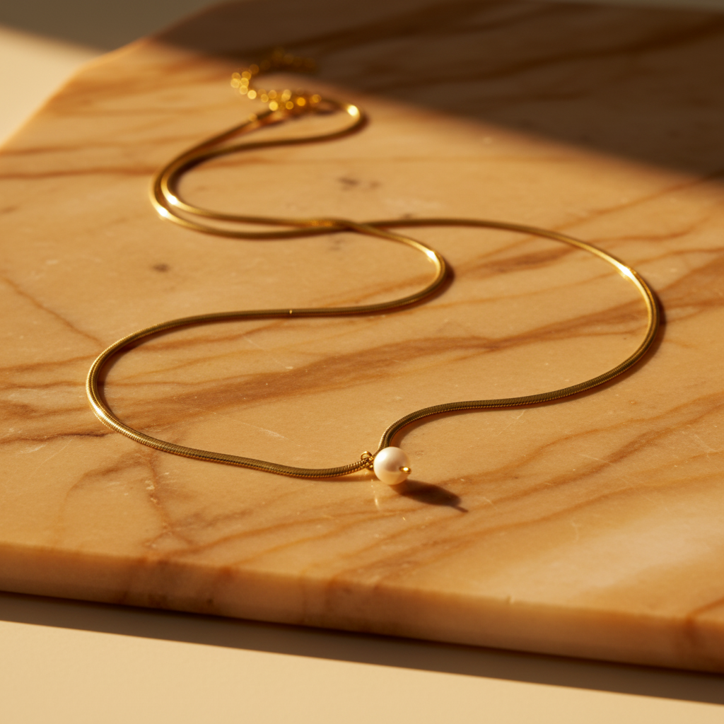 Colar Snake Dourado com Pérola — Éclat Raffiné