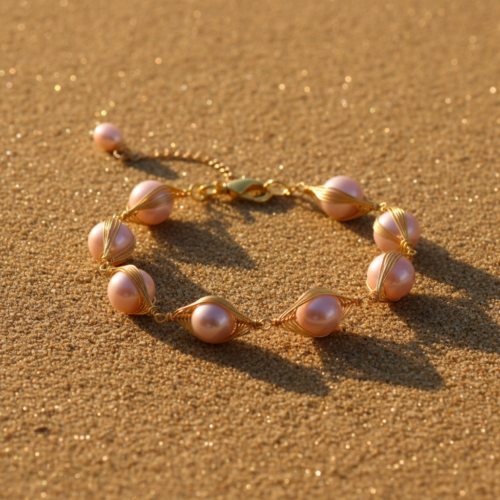 Pulseira Pérolas Ouro — areia golden hour